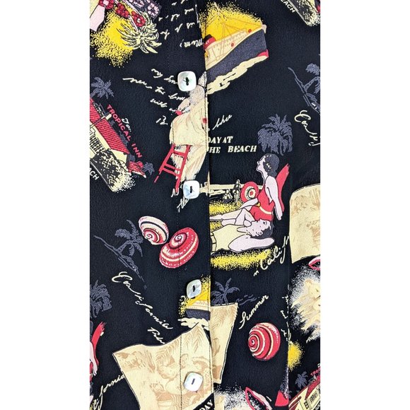 Loco Wido black sheer California beach summer vacation retro print blouse medium - Picture 3 of 9